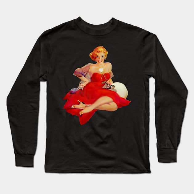 Pin Up - Red Dress Long Sleeve T-Shirt by Bootyfreeze